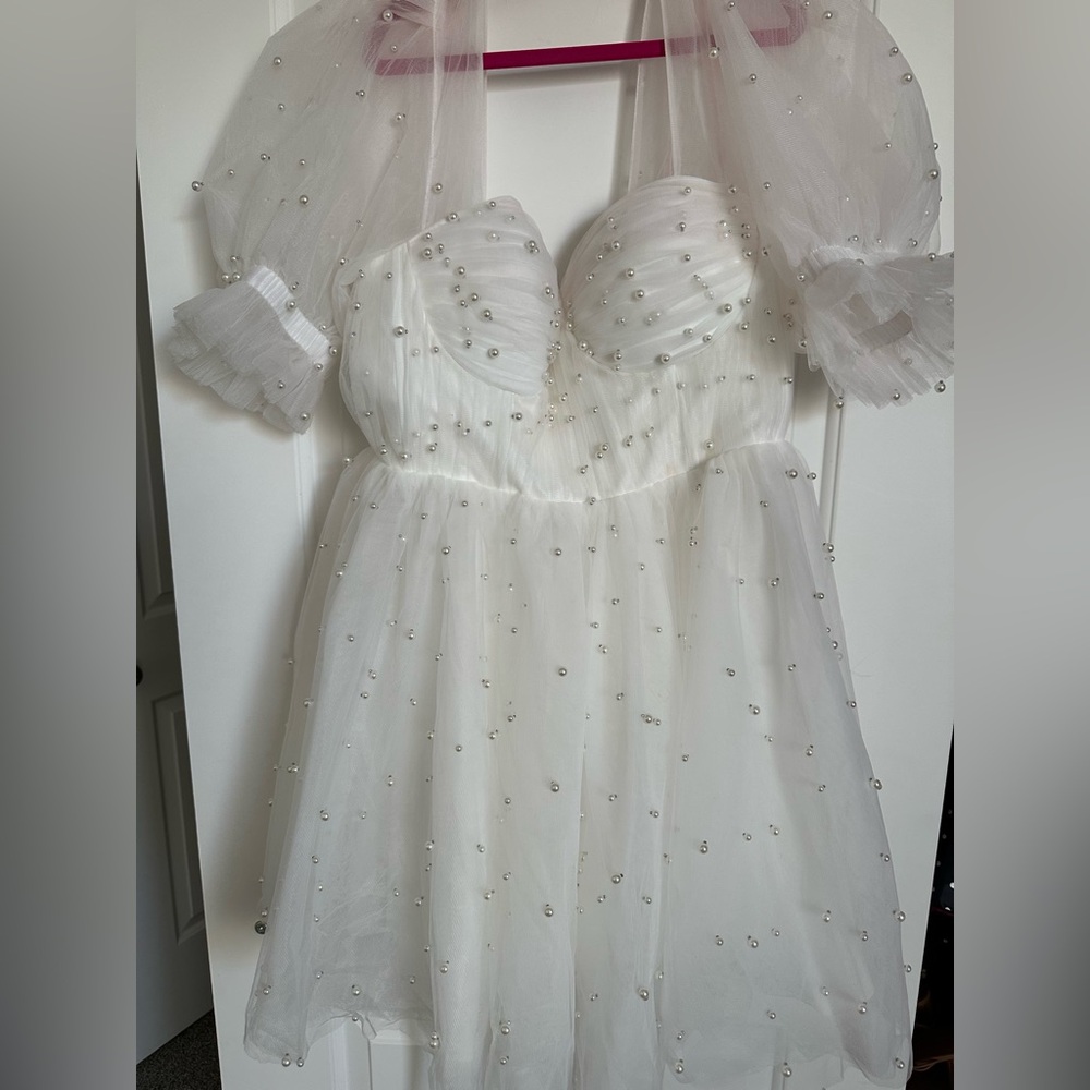 White Pearl Mini Puff Sleeve Dress - Picture 2 of 4